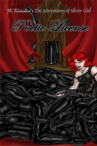 Cover for Poetic License featuring a red haired woman dressed in black, a wooden chair with a woman in black holding a quill pen, and many women in some sort of black mess...