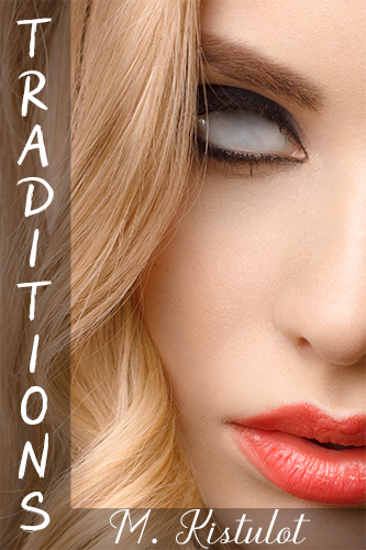 A blonde woman with only white eyes, pink painted lips, the cover for Traditions by M. Kistulot