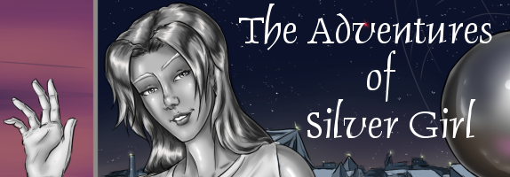A cropped portion of the cover of The Adventures of Silver Girl with Sarah waving beside the text with a newton's cradle ball swinging in front of Midas City at night
